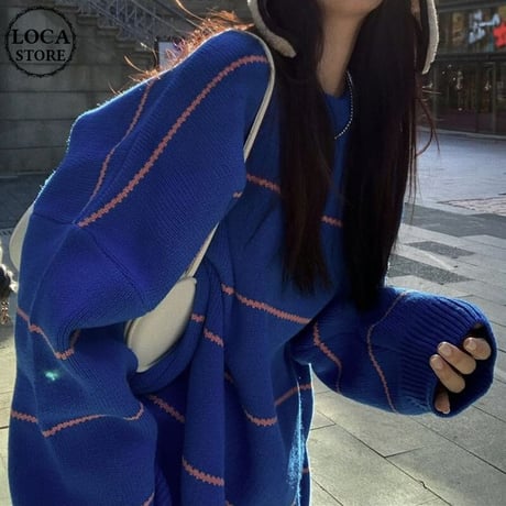 ボーダー ニットセーター プルオーバー クルーネック 厚手 長袖 ルーズ ゆったり レトロ 韓国ファッション レディース  大人可愛い ガーリー カジュアル DTC-658401914498