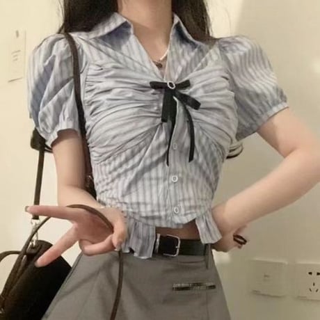 ストライプ柄 ブラウス リボン フリル シャツ パフスリーブ ショート丈 トップス かわいい 可愛い 半袖 ルーズ レトロ 大人可愛い ガーリー DTCA-717231661473
