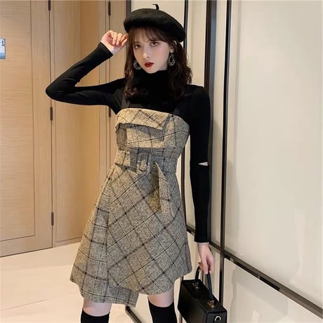 セットアップ トップス ＋ チェック柄 キャミワンピース 韓国ファッション レディース セット ワンピース ミニ丈 ハイウエスト レトロ ガーリー DTC-605189303386