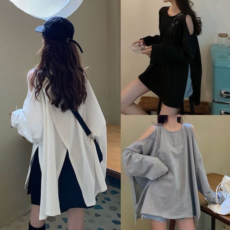オープンショルダー Tシャツ 長袖 不規則デザイン 韓国ファッション レディース ロンT トップス ラウンドネック ガーリー ストリート (DTC-623972080031)