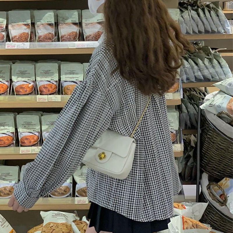 チェック柄 ブラウス ボウタイ リボン ルーズ 長袖 レトロ 韓国  