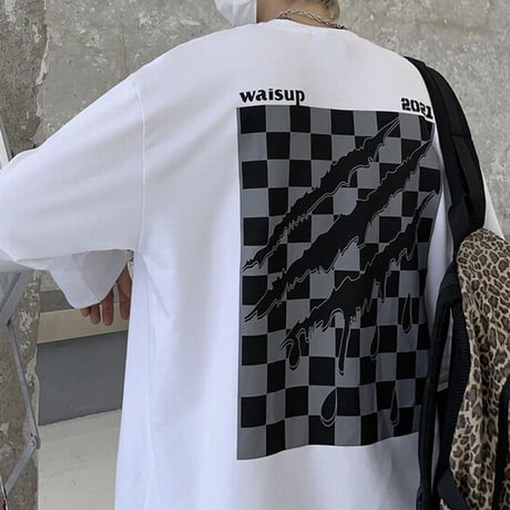 ユニセックス Tシャツ 長袖 モノトーンフラッグ柄 爪痕 オーバーサイズ 韓国ファッション メンズ レディース ロンT カジュアル ストリートファッション DTC-651649556386