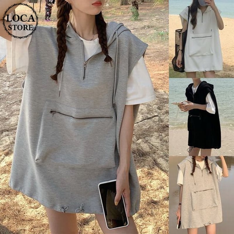 ノースリーブパーカー ハーフジップ ポケット オーバーサイズ 韓国