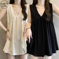 ペプラム ノースリーブ トップス フレア 深Vネック タンクトップ ブラウス ゆったり ペプラム裾 体型カバー ルーズ レトロ 大人可愛い ガーリー DTCA-926716597805