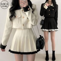 セットアップ 上下セット ショートジャケット プリーツスカート ジャケット ミニスカート ハイウエスト 長袖 ルーズ レトロ 大人可愛い ガーリー DTCA-837086164966