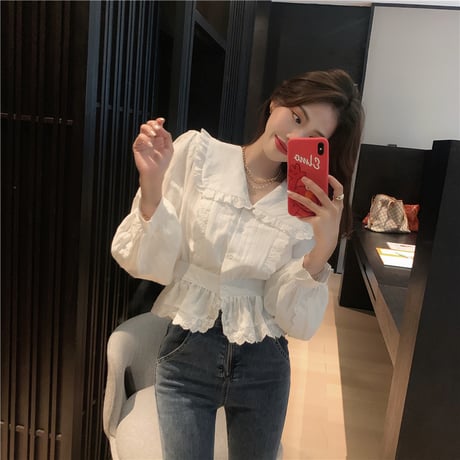 ブラウス 大きい襟 フリル 長袖 韓国ファッション レディース ショート丈 シャツ トップス 大人可愛い ガーリー DTC-625671877007