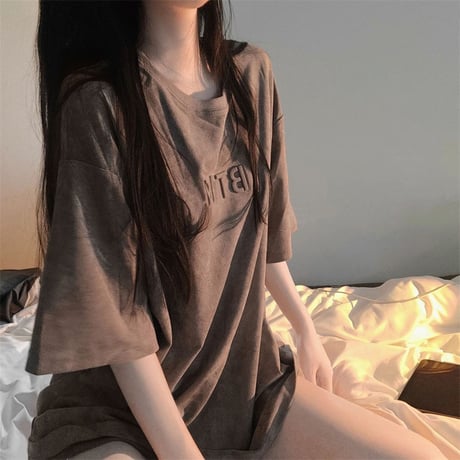 スエード調 tシャツ エンボス加工 半袖 オーバーサイズ クルーネック トップス ルーズ レトロ カジュアル ストリート系ファッション ストリート女子 DTCA-731161368125