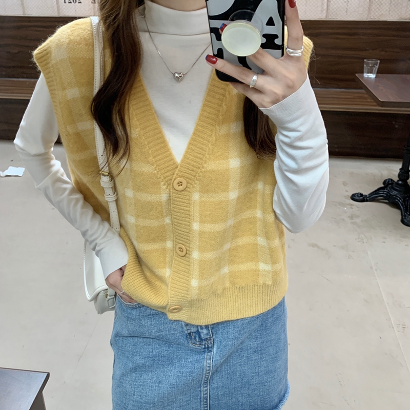 ブラウン チェック柄 Vネック ベスト Mサイズ チェック柄 ニットベスト Vネック ゆったり 大きめ ルーズ