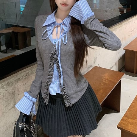 フェイクレイヤード カーディガン ストライプシャツ リボン フリル ブラウス トップス スリムフィット 長袖 レトロ 大人可愛い ガーリー DTCA-898055232569