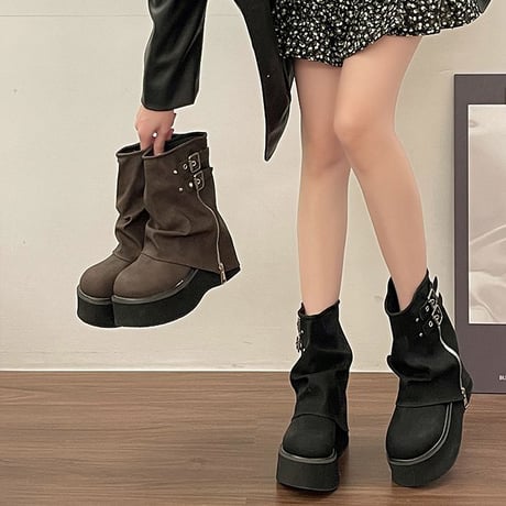 厚底 ショートブーツ 22.5～25.0cm バックル サイドジッパー 厚底ブーツ プラットフォーム ブーツ カジュアル 韓国ファッション レディース DTC-741312023736