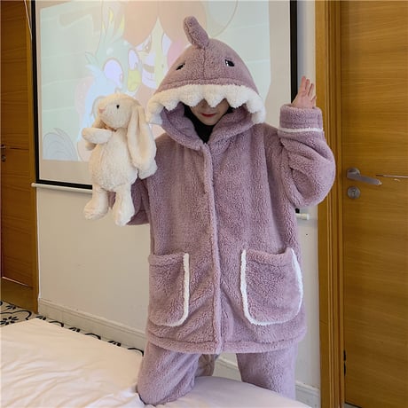 【ルームウェア】 フリース パジャマ セットアップ トップス + パンツ シャーク サメ 長袖 ブルー パープル 上下セット 韓国ファッション レディース ガーリー DTC-628699765024