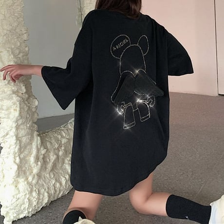 Tシャツ 半袖 スパンコール 羽 エンジェルくまちゃん シンプル ガーリー フェミニン カジュアル 韓国ファッション レディース 韓国ストリートファッション DTC-639357224388