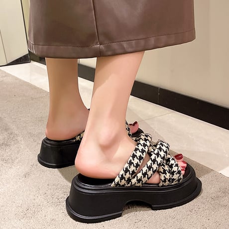 千鳥柄 厚底サンダル クロスベルト チェック柄 サンダル 厚底 スリッパ 美脚効果 脚長 トレンド かわいい 歩きやすい 韓国ファッション レディース DTC-717952450535