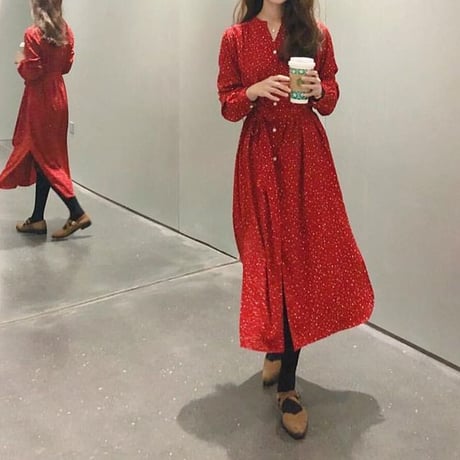 レディース ドット柄 カシュクールワンピース 春 レトロ 長袖 Vネック シャツワンピース 韓国ファッション オルチャン (DCT-584482879562)
