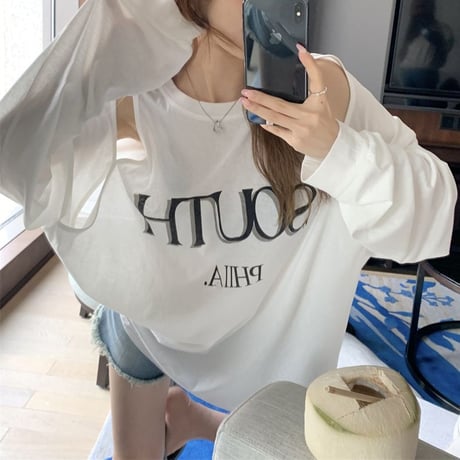 【2カラー】 Tシャツ オープンショルダー 肩開き 長袖 カットソー ショルダーカット レトロ 韓国ファッション レディース 大人可愛い ガーリー カジュアル DTC-674364573182