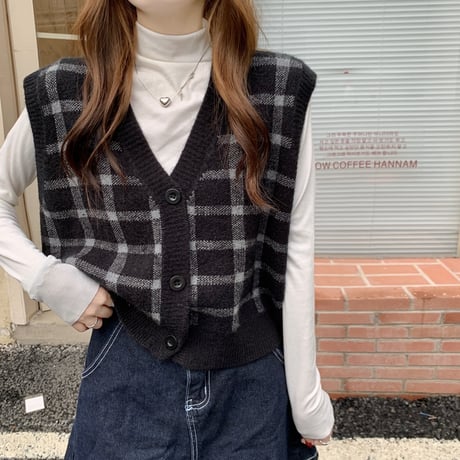 チェック柄 ニットベスト Vネック ゆったり 大きめ ルーズ カジュアル 韓国ファッション レディース 大人可愛い ガーリー DTC-654511723460