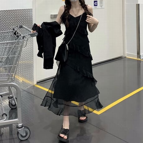 ティアードフリル キャミワンピース Vネック ロング丈 ハイウエスト レトロ 韓国ファッション レディース 大人可愛い ガーリー フェミニン DTC-674730006159