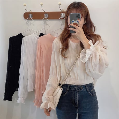 ティアード ブラウス ランタンスリーブ シフォン ルーズ プリーツ 長袖 レトロ トップス 韓国ファッション レディース 大人可愛い ガーリー フェミニン DTC-624138600439