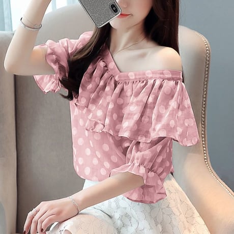 【2カラー】レディース 水玉 ドット柄 フリルブラウス シフォン シフォンブラウス フリル 大人可愛い ガーリー 韓国ファッション (DCT-591433182379)