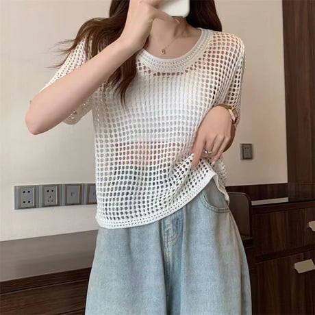 サマーニット メッシュ トップス プルオーバー tシャツ 透かし編み クルーネック ショート丈 レイヤードトップス 半袖 レトロ 大人可愛い ガーリー カジュアル DTCA-676945045996