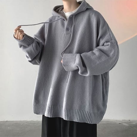 ユニセックス ニットパーカー ハーフボタン プルオーバー フード付き ニット 長袖 オーバーサイズ 韓国ファッション メンズ レディース ストリート系ファッション DTC-684636512220