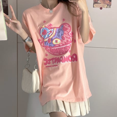 Tシャツ 半袖 クマちゃん ベアー プリント ビックサイズ 韓国ファッション レディース トップ 大きめ オーバーサイズ カジュアル ストリートファッション DTC-645684918459