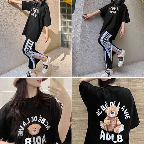 ユニセックス Tシャツ 半袖 クマちゃん バックプリント オーバーサイズ ゆったり 大きめ カジュアル 韓国ファッション メンズ レディース ストリートファッション DTC-650088511049