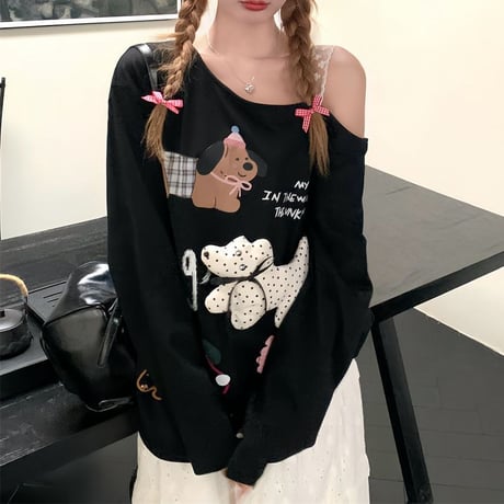 トップス ロンT レース肩紐 ワンショルダー オフショルダー わんちゃん リボン tシャツ 肩出し オーバーサイズ ゆったり 長袖 レトロ 大人可愛い ガーリー DTCA-838606400944