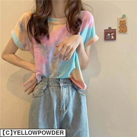 タイダイ柄 Tシャツ 薄手 半袖 トップス ショート丈 へそ出し 絞り染め レトロ 韓国ファッション レディース 大人可愛い ガーリー カジュアル DTC-646133929852