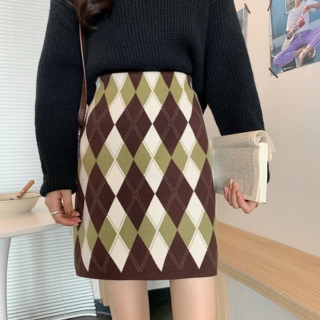 ニットスカート チェック柄 ダイヤ柄 Aライン ハイウエスト 韓国ファッション レディース スカート ニット カジュアル 大人可愛い ガーリー DTC-631975055480