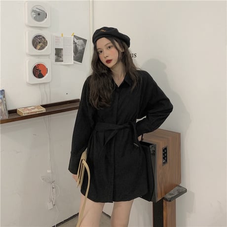 シャツワンピース ベルト シャツ 長袖 韓国ファッション レディース トップス ゆったり 大人可愛い ガーリー フェミニン カジュアル DTC-627127092317