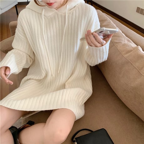 【パーカー】 フード ニット プルオーバー ルーズ 厚手 韓国ファッション レディース トップス パーカーワンピース 無地 長袖 カジュアル ストリート DTC-630591680139