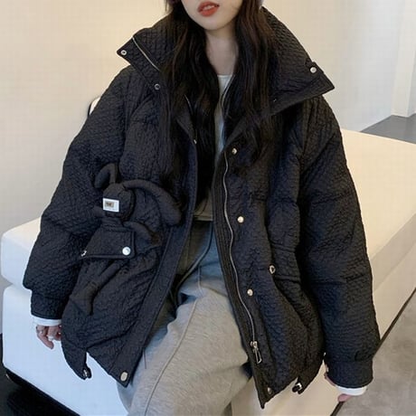 ワッフル ダウンジャケット ウサギのぬいぐるみ付き ラビット スタンドカラー ルーズ ゆったり レトロ 韓国ファッション レディース 大人可愛い ガーリー DTC-656779184574
