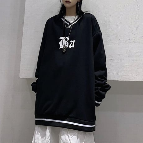 ユニセックス トレーナー Vネック ライン プルオーバー 長袖 オーバーサイズ 韓国ファッション メンズ レディース トップス カジュアル ストリートファッション DTC-652531965393
