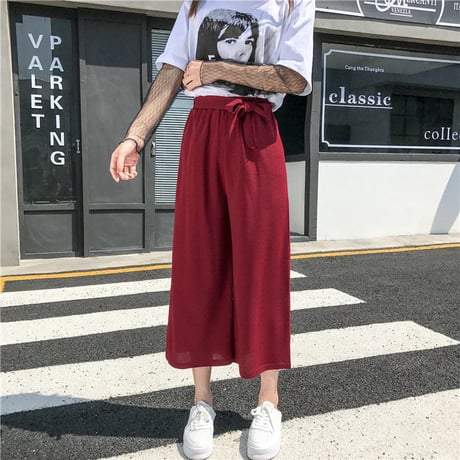 レディース ワイドパンツ ガウチョパンツ ハイウエスト ウエストリボン パンツ ボトムス 韓国ファッション オルチャン (DCT-576943177093)