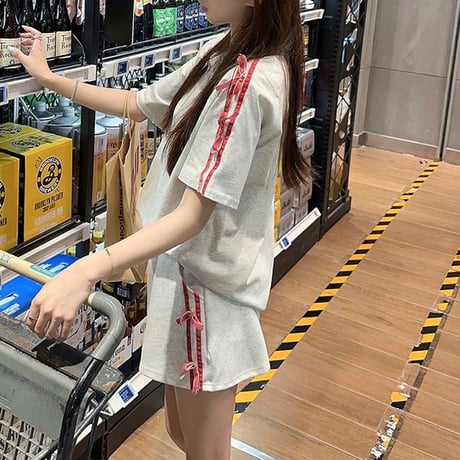 セットアップ サイドライン リボン ハーフジップ トップス ミニスカート 半袖 上下セット スポーツミックス 韓国ファッション レディース 大人可愛い ガーリー DTC-783605588642