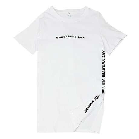 レディース サイドスリット ロングTシャツ ラウンドネック ゆったり Tシャツ レタリングプリント ストリート系 韓国ファッション (DCT-565267874379)