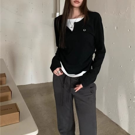 フェイクレイヤード トップス キーネック Tシャツ ロンＴ ロゴ 重ね着風 プルオーバー スリムフィット フェイクツーピース 長袖 大人可愛い ガーリー カジュアル DTCA-758755751432