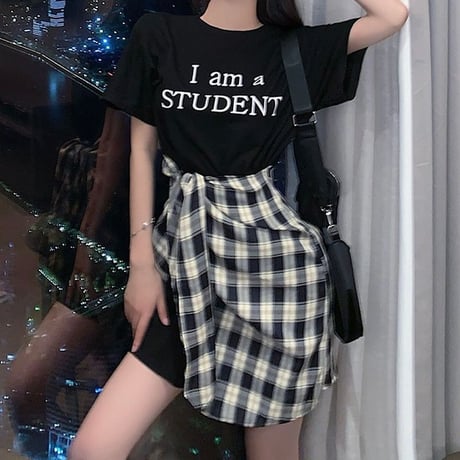 ドッキングワンピース フェイクレイヤード ワンピース Tシャツ チェック柄 ハイウエスト 半袖 韓国ファッション レディース 大人可愛い ガーリー カジュアル DTC-669317161455