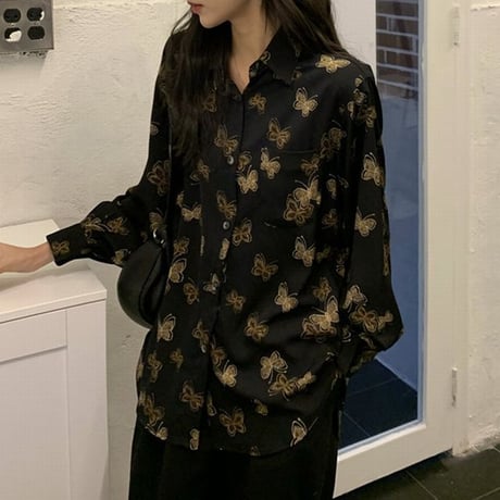 バタフライ柄 シャツ 蝶々 ブラウス 長袖 柄シャツ トップス ルーズ レトロ 韓国ファッション レディース 大人可愛い ガーリー カジュアル DTC-651836270524