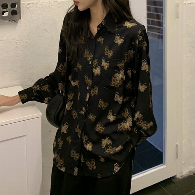 バタフライ柄 シャツ 蝶々 ブラウス 長袖 柄シャツ トップス
