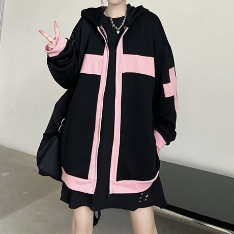 ユニセックス パーカー ジップアップ バイカラー クロスデザイン オーバーサイズ カジュアル 韓国ファッション メンズ レディース 韓国ストリートファッション DTC-681105858978