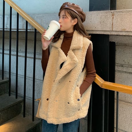 ボアベスト インナー付き セット 韓国ファッション レディース ボア ベスト アウター 羽織り ノースリーブ 体型カバー シンプル 大人カジュアル 韓国 (DTC-603949564868)