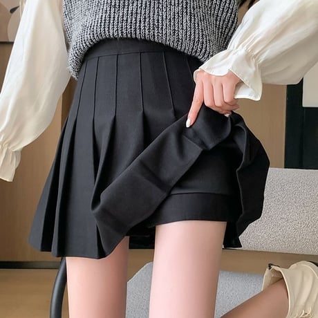 プリーツ ミニスカート インパン ウール調 プリーツスカート ハイウエスト Aライン インナーパンツ レトロ 韓国ファッション レディース 大人可愛い ガーリー DTCA-627324149092