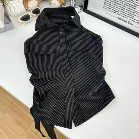 ノースリーブ ブラウス ストライプ柄 シャツ バックオープン ウエストマーク ショート丈 リボン トップス 背中開き バックレス レトロ 大人可愛い ガーリー DTCA-918757599575