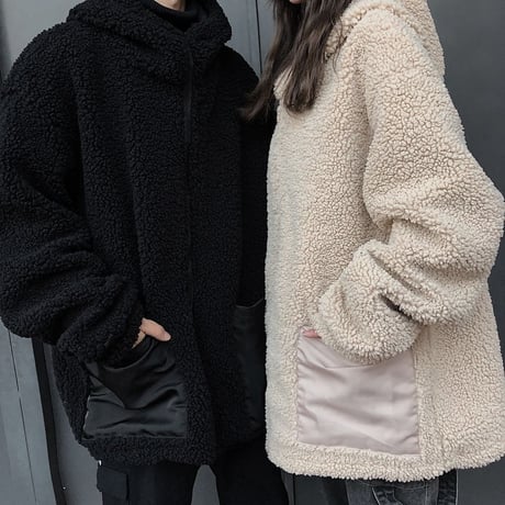 リバーシブル フード付き ボアブルゾン ユニセックス ラムウール 厚手 韓国ファッション ボアジャケット パーカー 2way もこもこ 防寒 カジュアル ストリート DTC-628591128418
