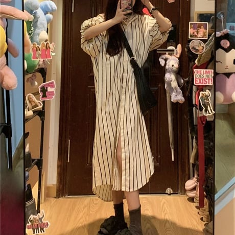 シャツワンピース ストライプ柄 ランタンスリーブ ポロカラー ロングワンピース 半袖 レトロ 韓国ファッション レディース 大人可愛い ガーリー カジュアル DTC-679398524331