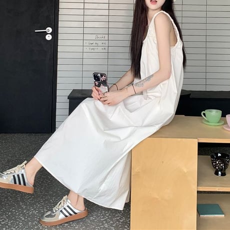 ノースリーブ ワンピース ギャザー ゆったりウエスト ロングワンピース Aライン 体型カバー ルーズ レトロ 大人可愛い ガーリー 韓国ファッション レディース DTC-809589554371