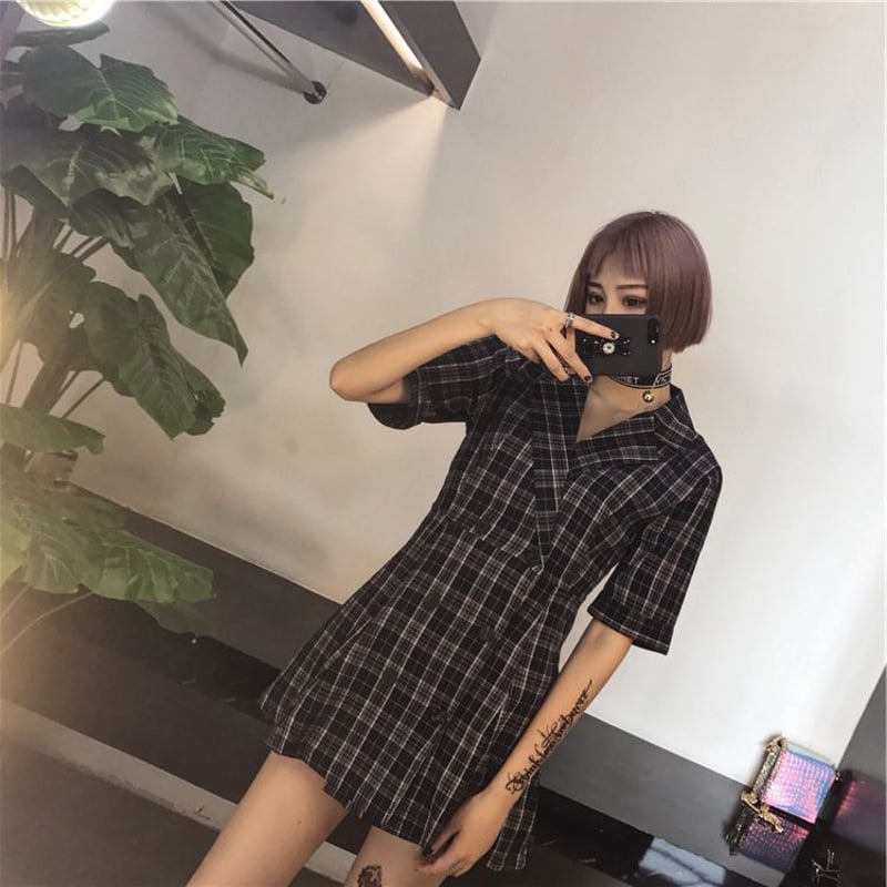 レディース チェック柄 ジャケット風 ワンピース ダブルボタン 半袖