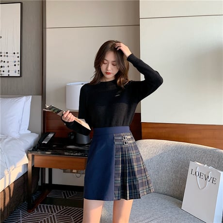 スカート バイカラー ミニ丈 韓国ファッション レディース ブラック ブルー チェック柄 アシンメトリー ハイウエスト Aライン 大人カジュアル 春 秋 冬 韓国 (DTC-603304562495)